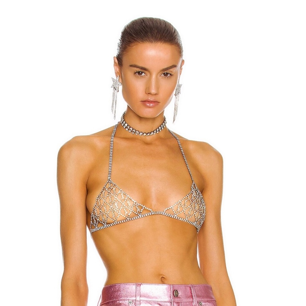 Saint Laurent Women's Metallic Monogram Bra In Crystal And Metal